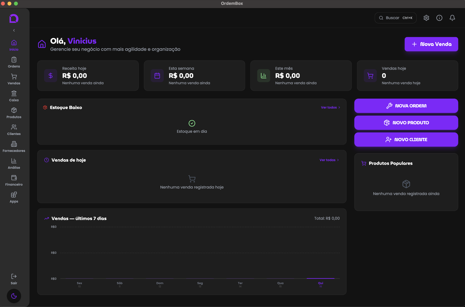 Tela inicial do OrdemBox com dashboard de vendas